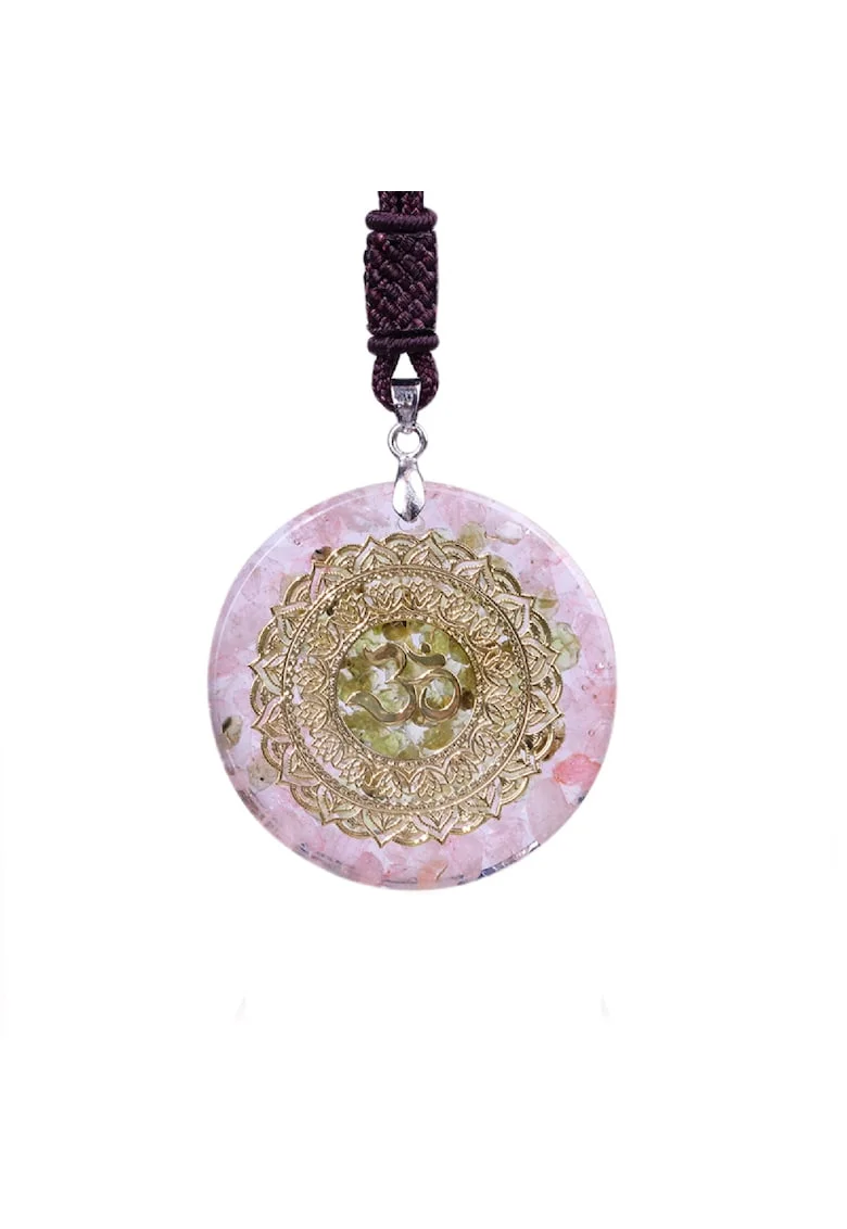 Pandantiv pietre semipretioase  cu cristale de Olivina si Cuart Roz orgon Zaide cu simbol OM, 3.9 cm