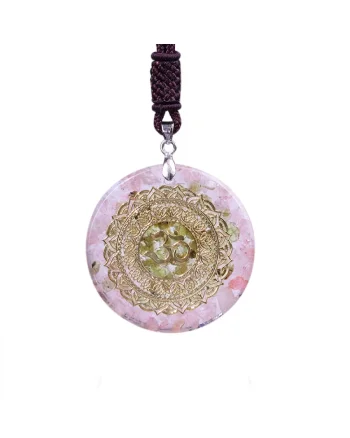 Pandantiv pietre semipretioase  cu cristale de Olivina si Cuart Roz orgon Zaide cu simbol OM, 3.9 cm