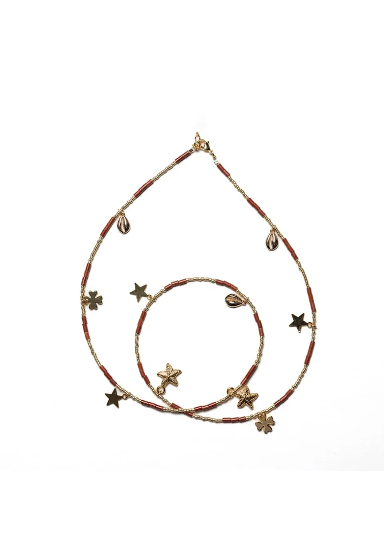 Lant de talie versatil,  din cristale de Jasp Rosu, placat cu aur de 18K, 60 cm cu 20 cm