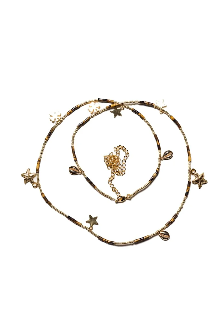 Lant de talie versatil,  din cristale de Ochi de Tigru, placat cu aur de 18K, 60 cm cu 20 cm