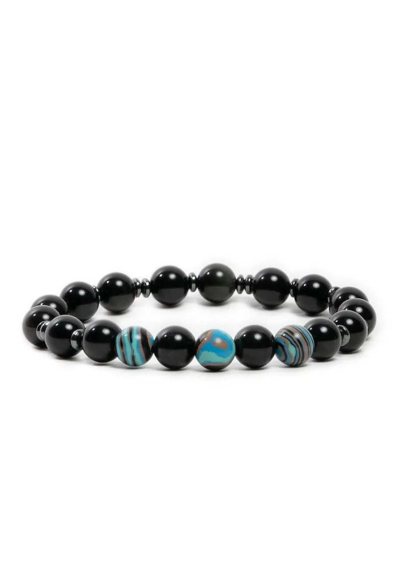 Bratara barbati handmade,  din cristale de Obsidian cu sfere Compozit Albastru, Deven, sfere de 8 mm, negru-albastru, 19 cm