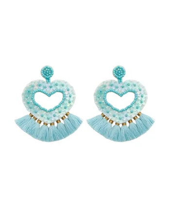 Cercei Jhumka din margele Miyuki,  in forma de inima, stil indian, Turcoaz