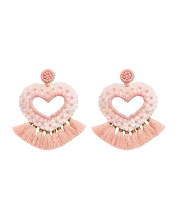 Cercei Jhumka din margele Miyuki,  in forma de inima, stil indian, Roz