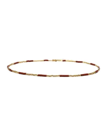 Colier choker placat cu aur 18 K,  cu pietre naturale African si Sunstone Miyuki Seed, elegant Vania, 35 cu, Rosu/Auriu