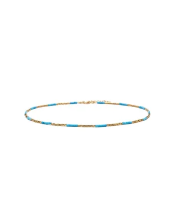 Colier choker placat cu aur 18 K,  cu pietre naturale African si Sunstone Miyuki Seed, elegant Vania, 35 cu 4cm, Auriu/Turcoaz