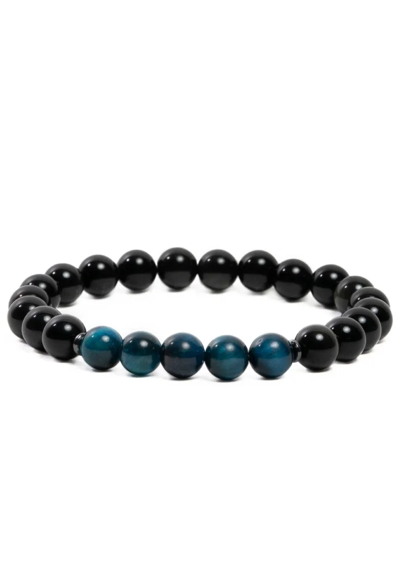 Bratara eleganta handmade barbati,  din Cristale de Obsidian si Ochi de Tigru, Kareem, sfere 8mm, negru-albastru, 19