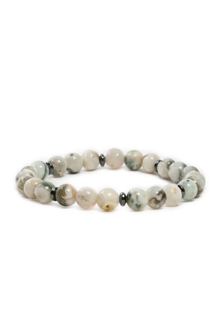 Bratara Handmade femei,  din cristale Moss Agate, Rihana, sfere de 6mm, alb-verde,