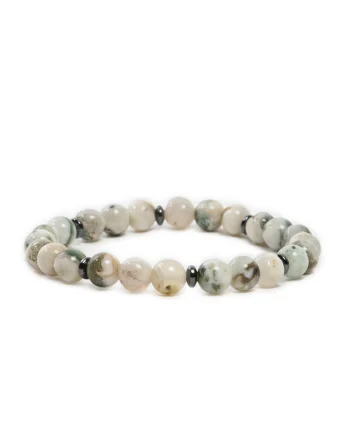 Bratara Handmade femei,  din cristale Moss Agate, Rihana, sfere de 6mm, alb-verde,