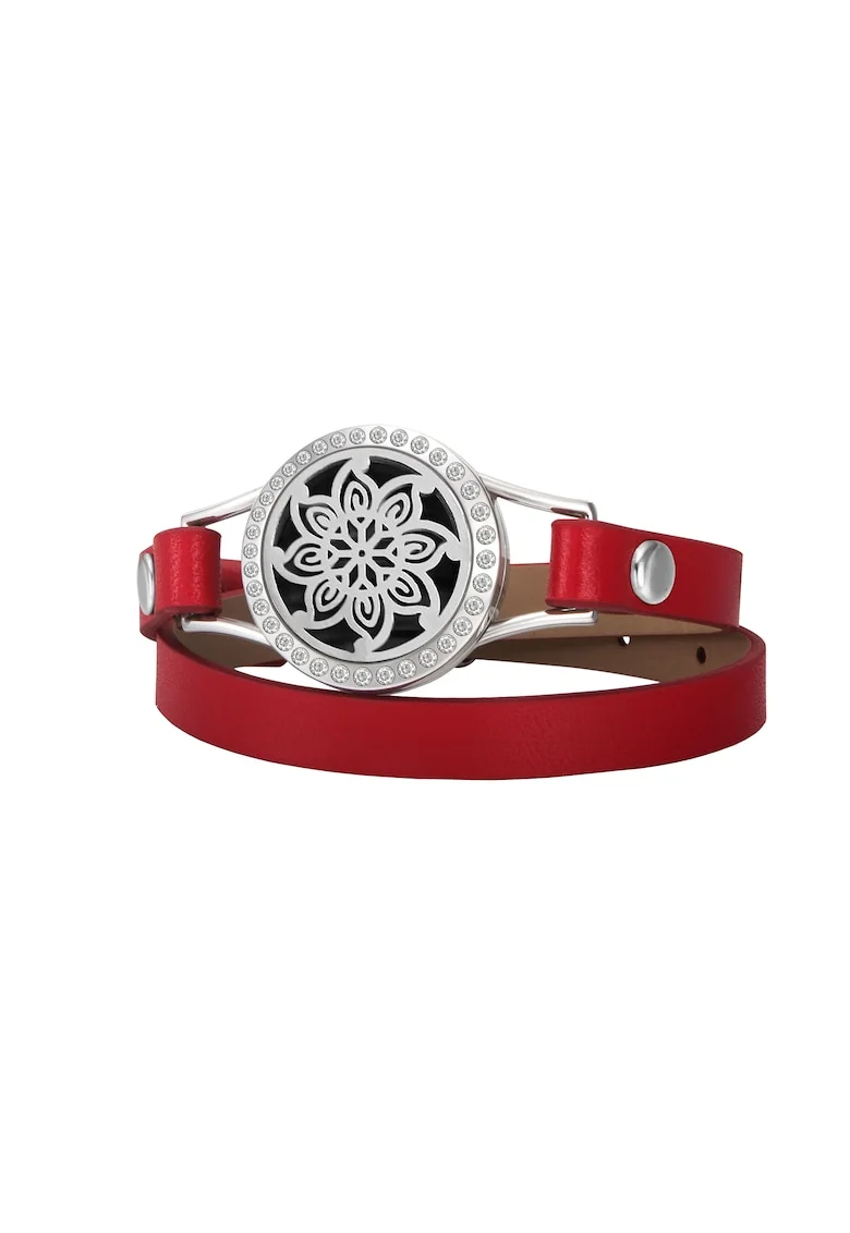 Bratara Aromaterapie,  difuzor pentru uleiuri esentiale, cu model Mandala Flower Zircon, Curea din Piele Ecologica, Dubla, Rosu-Argintiu