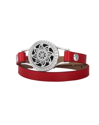 Bratara Aromaterapie,  difuzor pentru uleiuri esentiale, cu model Mandala Flower Zircon, Curea din Piele Ecologica, Dubla, Rosu-Argintiu