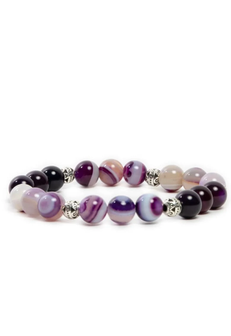 Bratara Dama Handmade,  din Pietre Naturale de Agata Mov, Suri, margele de 8mm, alb-mov,