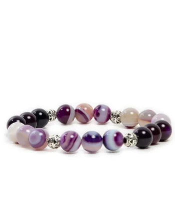 Bratara Dama Handmade,  din Pietre Naturale de Agata Mov, Suri, margele de 8mm, alb-mov,