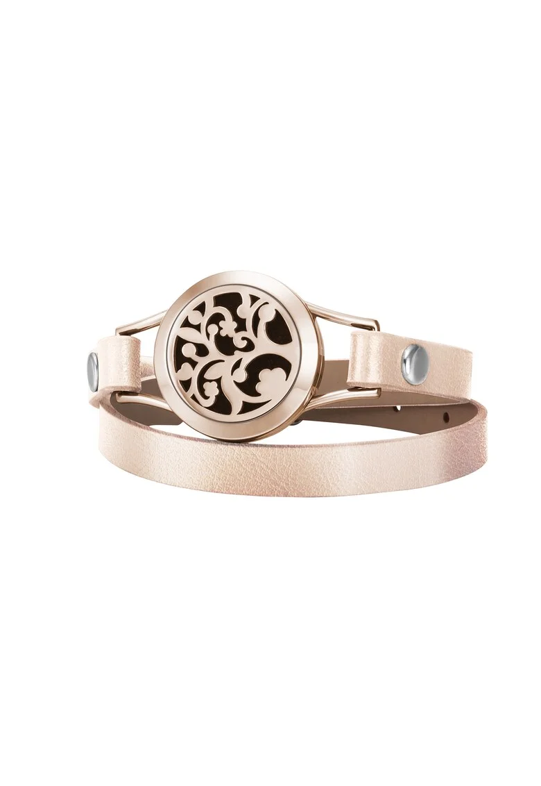 Bratara Aromaterapie,  difuzor pentru uleiuri esentiale, cu model Rose Gold Flower, Curea din Piele Ecologica, Dubla, Auriu-Auriu