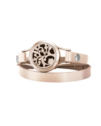 Bratara Aromaterapie,  difuzor pentru uleiuri esentiale, cu model Rose Gold Flower, Curea din Piele Ecologica, Dubla, Auriu-Auriu