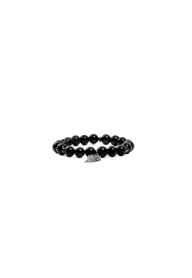 Bratara Brigitta din pietre Sand Stone,  realizata manual cu charm frunza, sfere de 8mm, albastru, 17-18cm