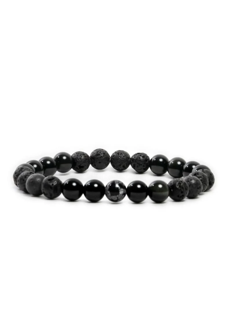 Bratara barbati handmade,  din Obsidian si Lava, Amir, margele de 8mm, negru, 19cm