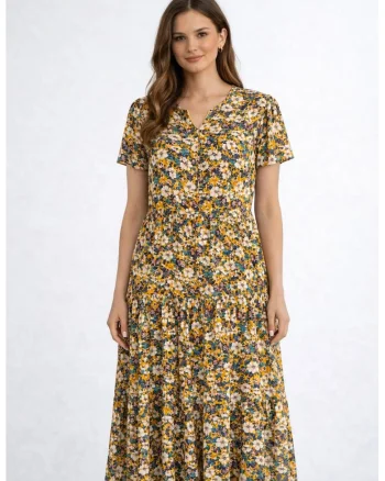 Rochie midi cu imprimeu floral Mary, Galben/Crem/Verde persan