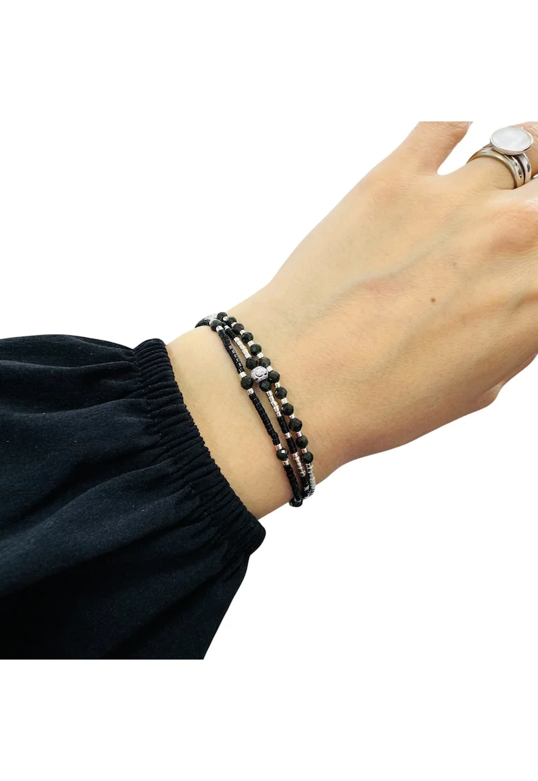 Bratara Elysia,  3 straturi, snur negru-argintiu, cristale Obsidian, argint 925