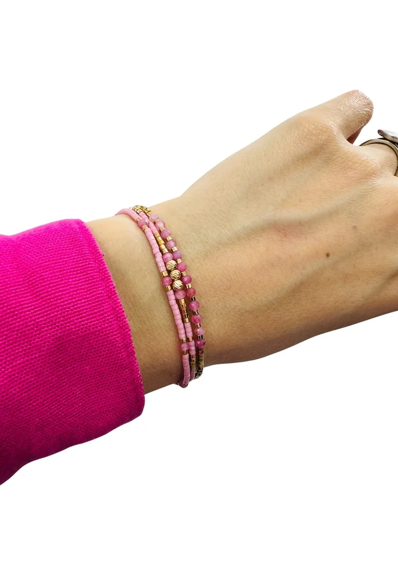 Bratara handmade  Paty, 3 straturi, roz, cu Miyuki si Turmalina Roz, argint placat cu aur