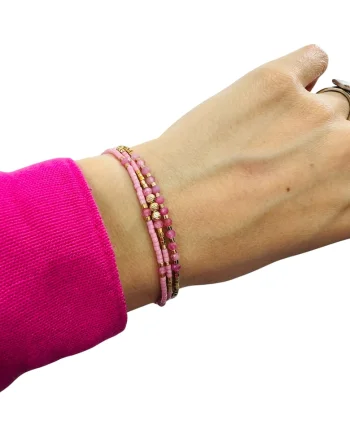 Bratara handmade  Paty, 3 straturi, roz, cu Miyuki si Turmalina Roz, argint placat cu aur