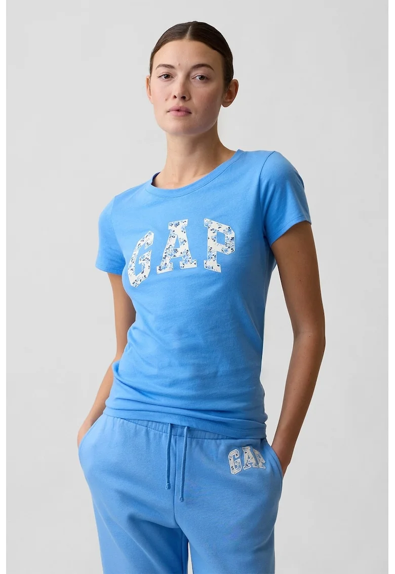 Tricou din bumbac cu logo, Alb fildes/Albastru