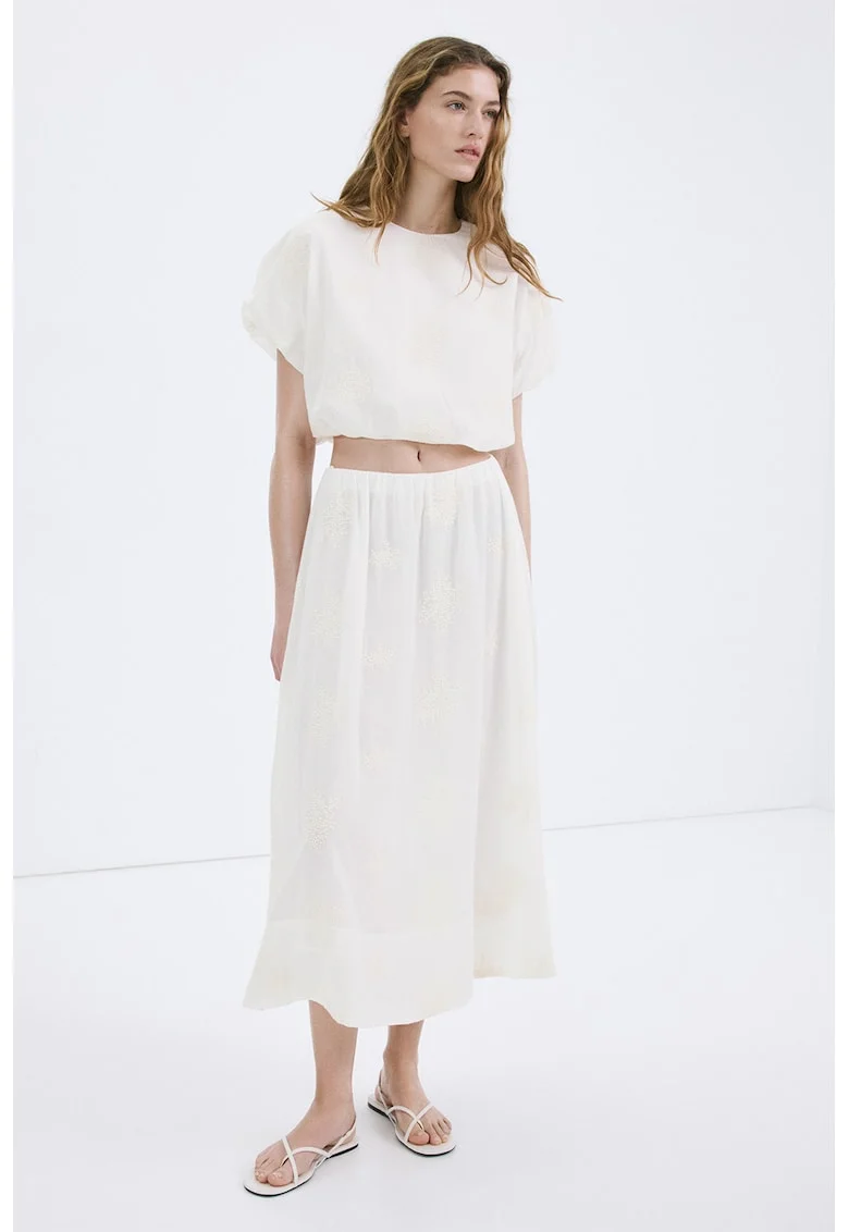 Bluza crop cu broderie, Alb murdar
