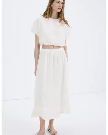 Bluza crop cu broderie, Alb murdar