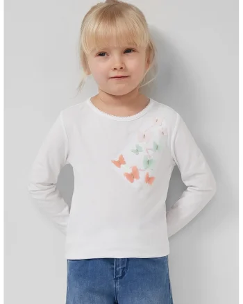 Bluza cu decolteu rotund si aplicatii cu fluture, Verde/Alb murdar/Roz