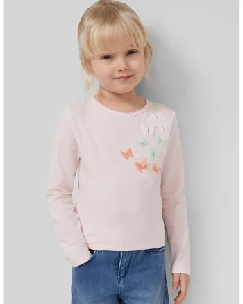 Bluza cu decolteu rotund si aplicatii cu fluture, Alb/Verde/Roz