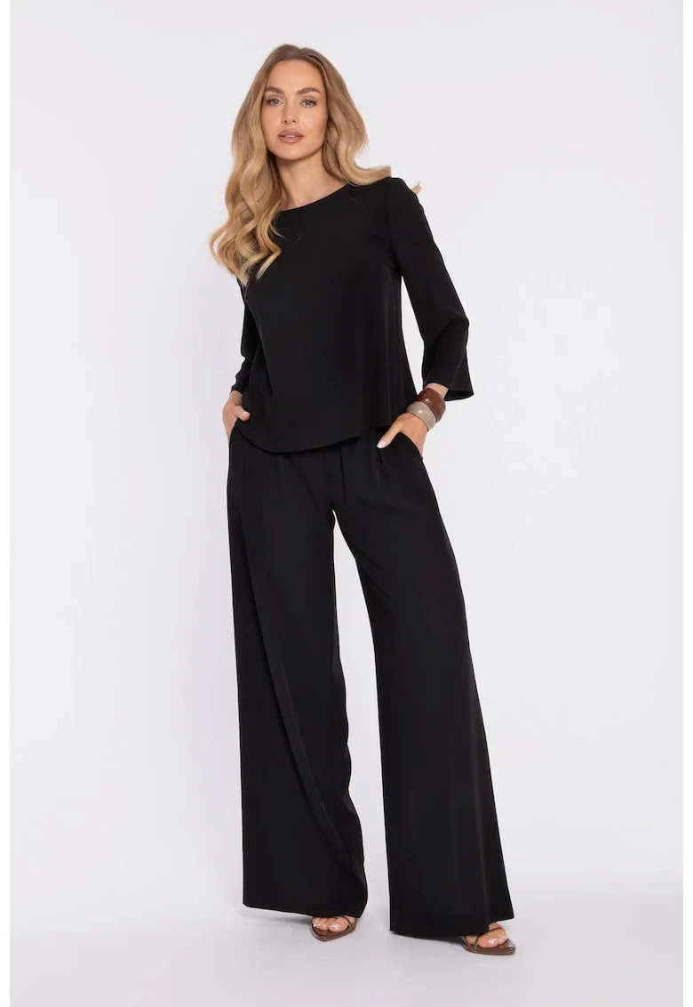 Pantaloni palazzo cu talie inalta si talie elastica - negru