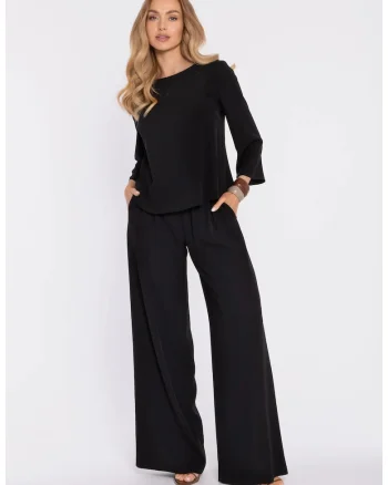 Pantaloni palazzo cu talie inalta si talie elastica - negru