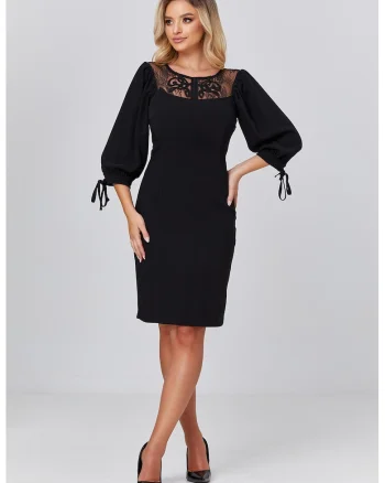 Rochie cambrata cu segment din dantela, Negru