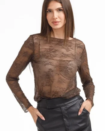 Bluza dama din dantela eleganta ,   bluza transparenta chic maro