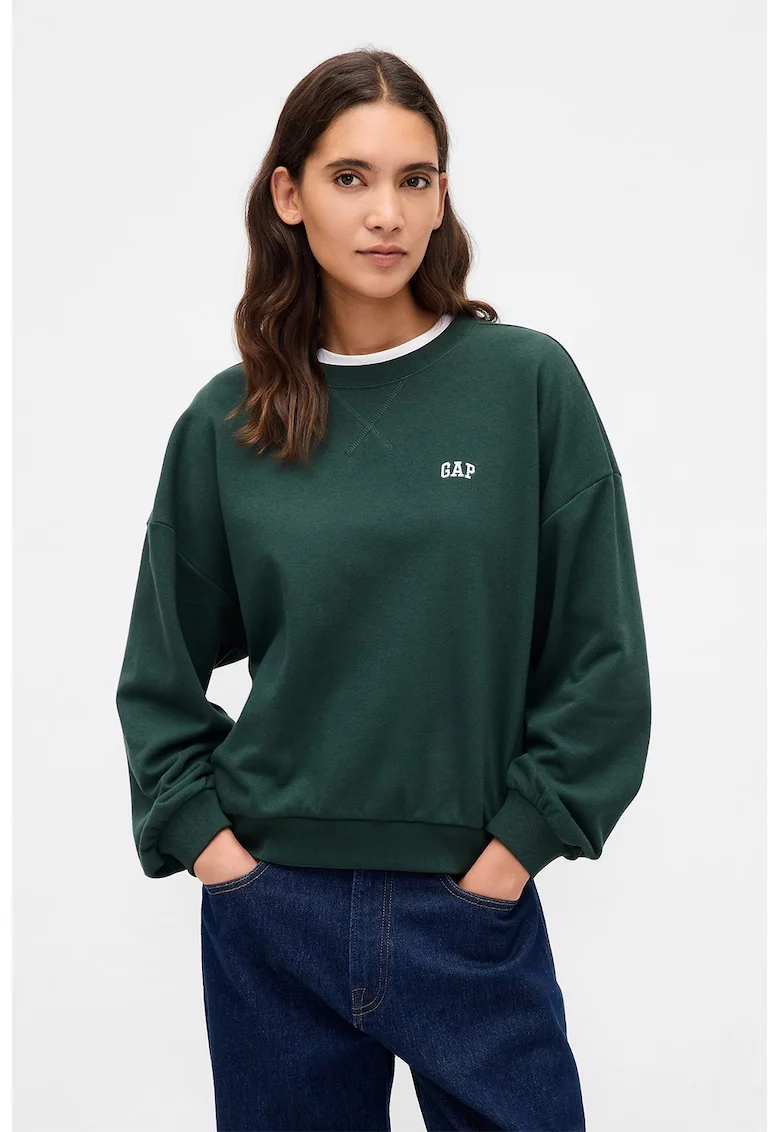 Bluza de trening cu logo si maneci cazute, Verde aquamarin