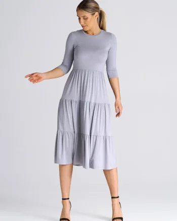 Rochie mulata  cu volane, 3/4, viscoza, Gri