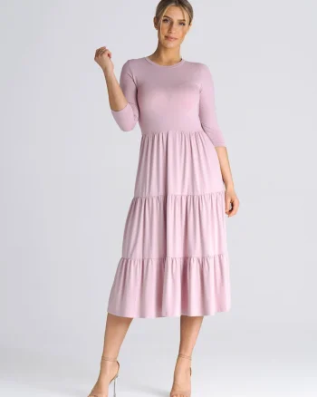 Rochie mulata  cu volane, 3/4, viscoza, Roz