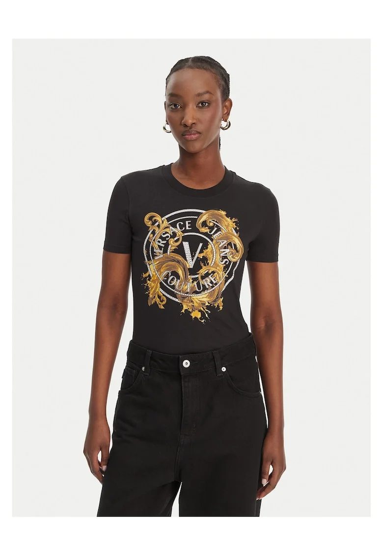 Tricou dama  slim fit, negru, bumbac/elastan