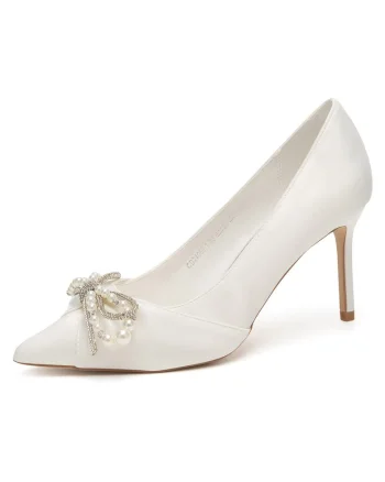 Pantofi dama,  stiletto, alb, textil, decoratiuni cu margele si zirconiu