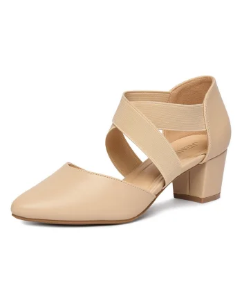 Pantofi dama,  toc bloc, varf ascutit, bej, sintetic