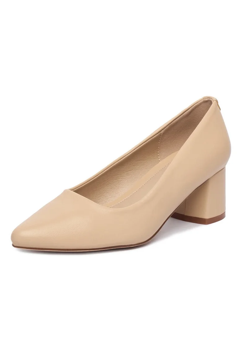 Pantofi dama,  piele ecologica, bej, toc stabil tip bloc