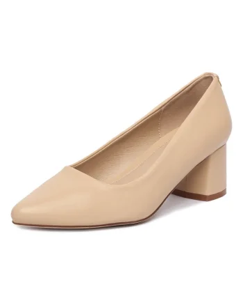 Pantofi dama,  piele ecologica, bej, toc stabil tip bloc