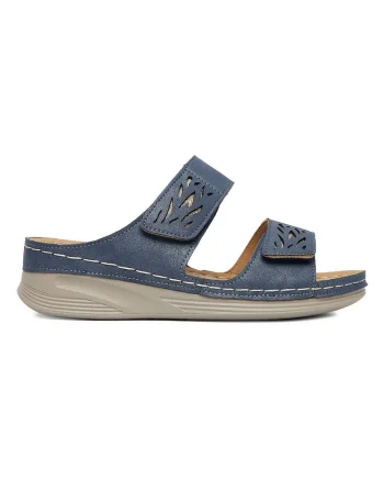Papuci dama,  piele ecologica, albastru, cu velcro, platforma subtire