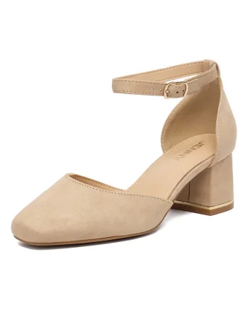 Pantofi dama,  textil, bej, tocul stabil tip bloc