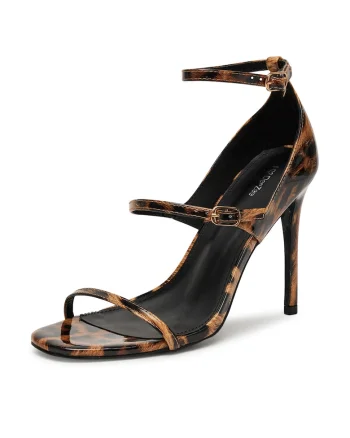 Sandale dama,  stiletto, bej/negru, material textil