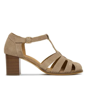 Sandale dama  piele intoarsa, toc clasic, bej