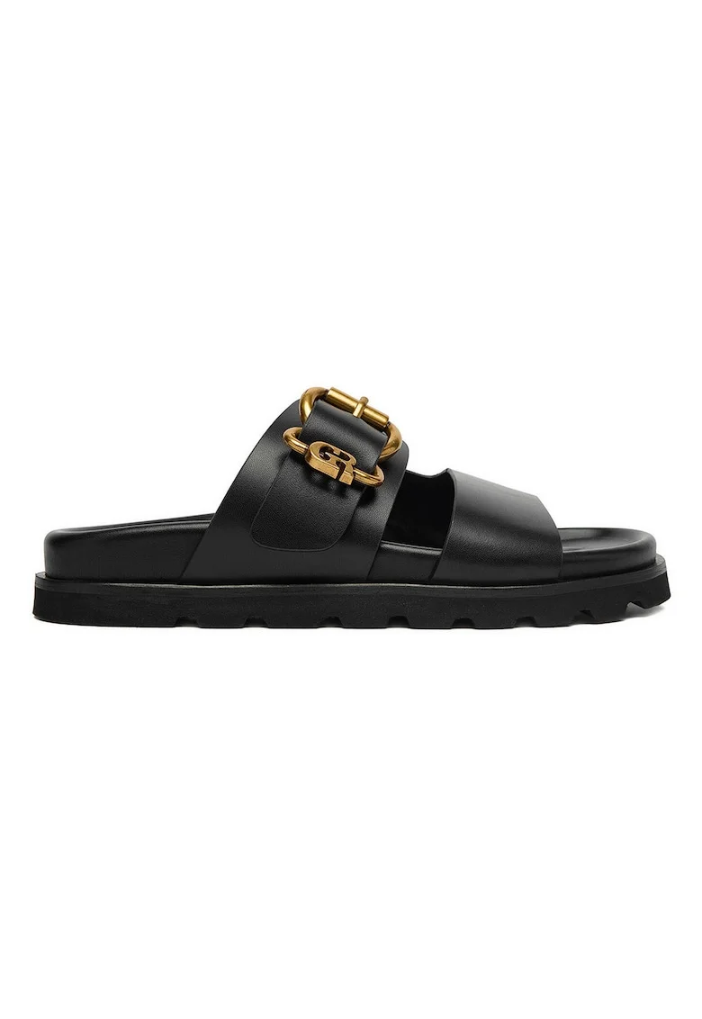 Papuci dama,  piele naturala, negru, catarama chic