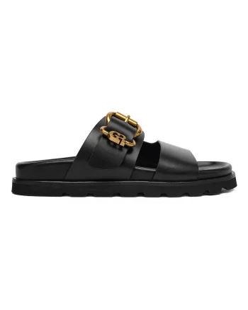 Papuci dama,  piele naturala, negru, catarama chic