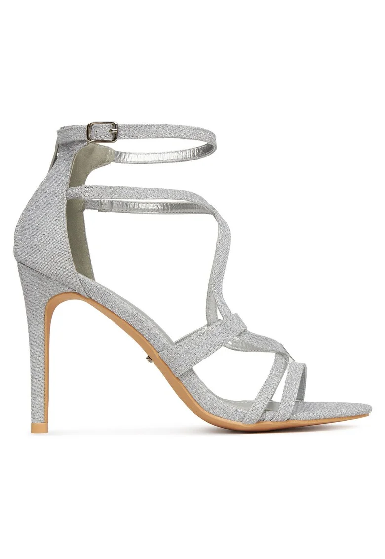 Sandale dama,  argintiu, toc stiletto, material sintetic