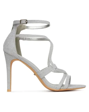 Sandale dama,  argintiu, toc stiletto, material sintetic