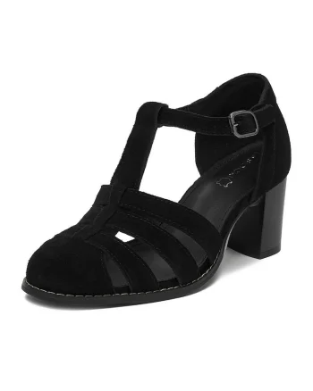 Sandale dama,  piele intoarsa, toc clasic, negru